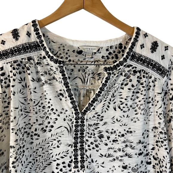 Lucky Brand Floral Blouse Plus 1X White Black Embroidered Boho Patterned Peasant - Picture 3 of 9